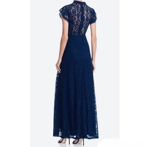 NWT Evening Lace Dress Bloomingdales Aqua Long Maxi Open Back Choker Neck